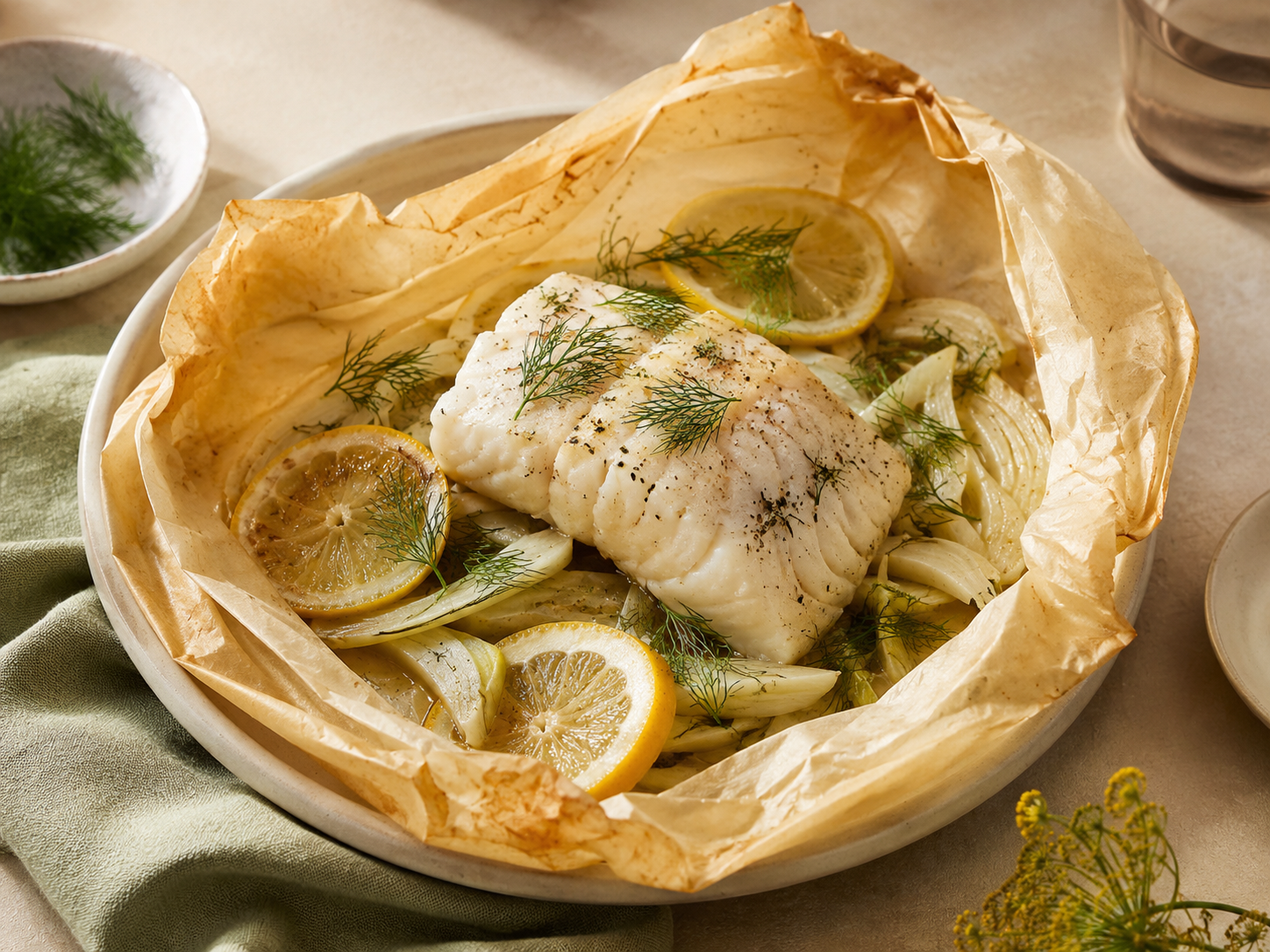 papillote de papier sulfurisé ouverte sur pavé de cabillaud blanc, lamelles de fenouil, rondelles de citron, aneth, vue 3/4