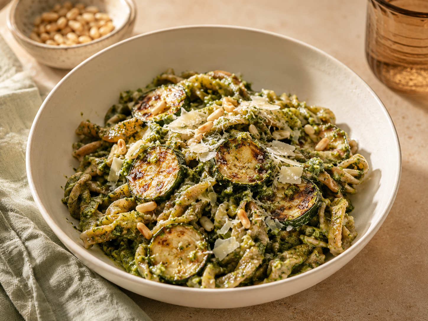 assiette creuse, pâtes complètes nappées de pesto vert, courgettes grillées dorées, pignons, parmesan, vue 3/4