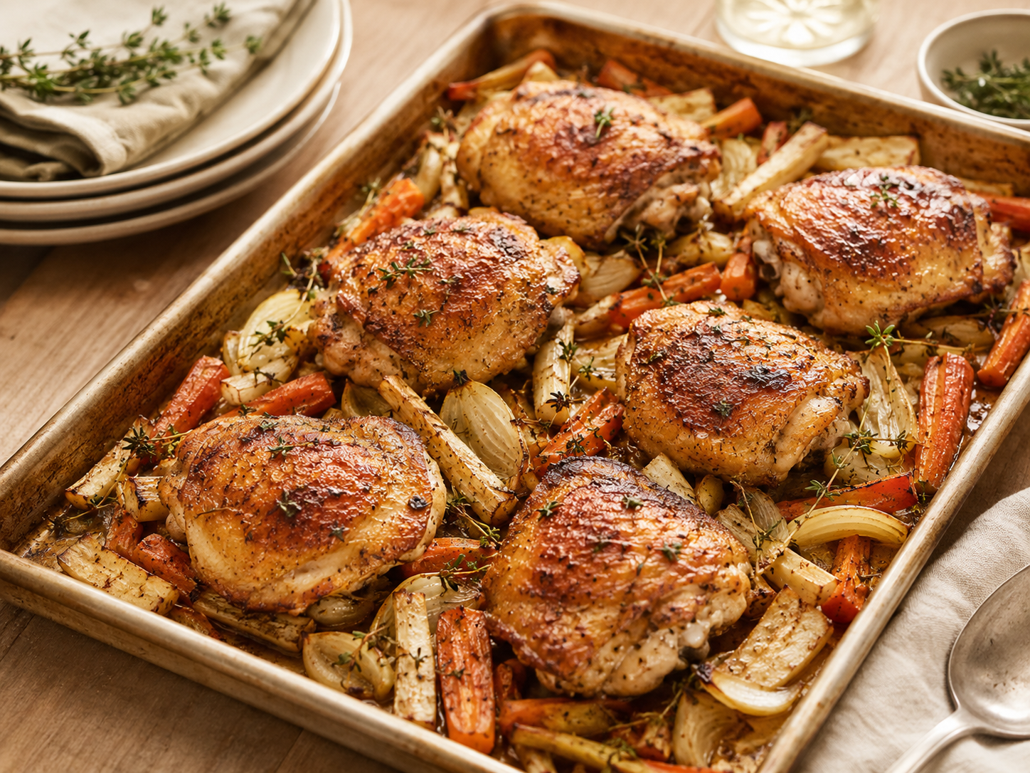 plaque de cuisses de poulet dorées sur lit de carottes, panais et oignons, thym frais, vue 3/4
