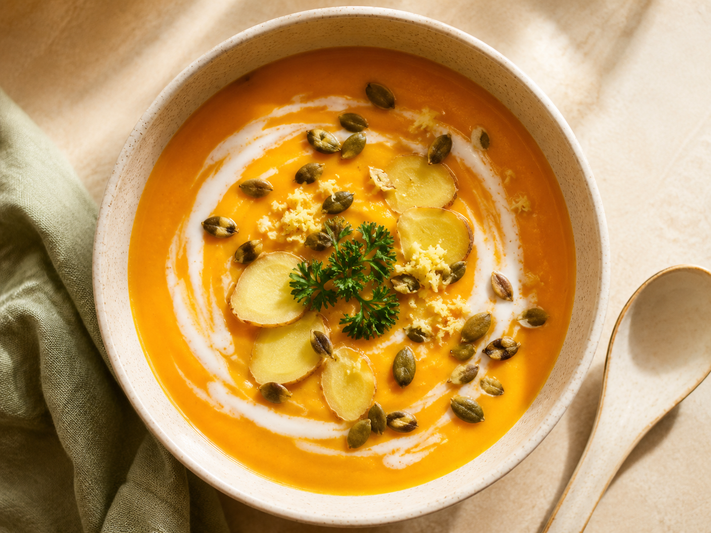 bol large soupe orange velouté, swirl de lait de coco blanc, rondelles de gingembre frais et zeste râpé visibles, graines de courge grillées, persil, vue dessus